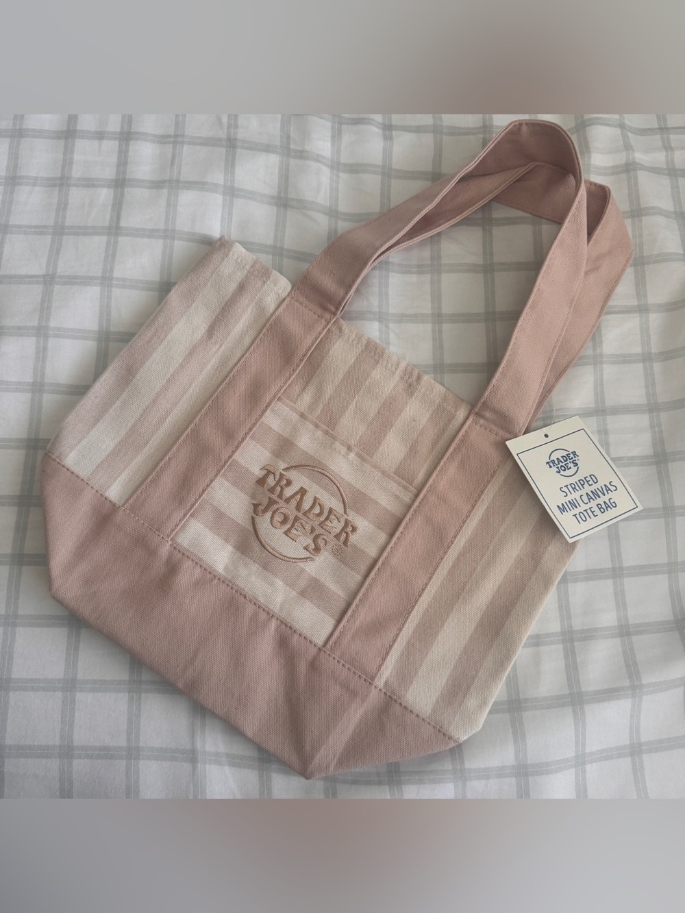 🆕🤎 Trader Joes Summer Striped Canvas Mini Tote Bag Tan Brown